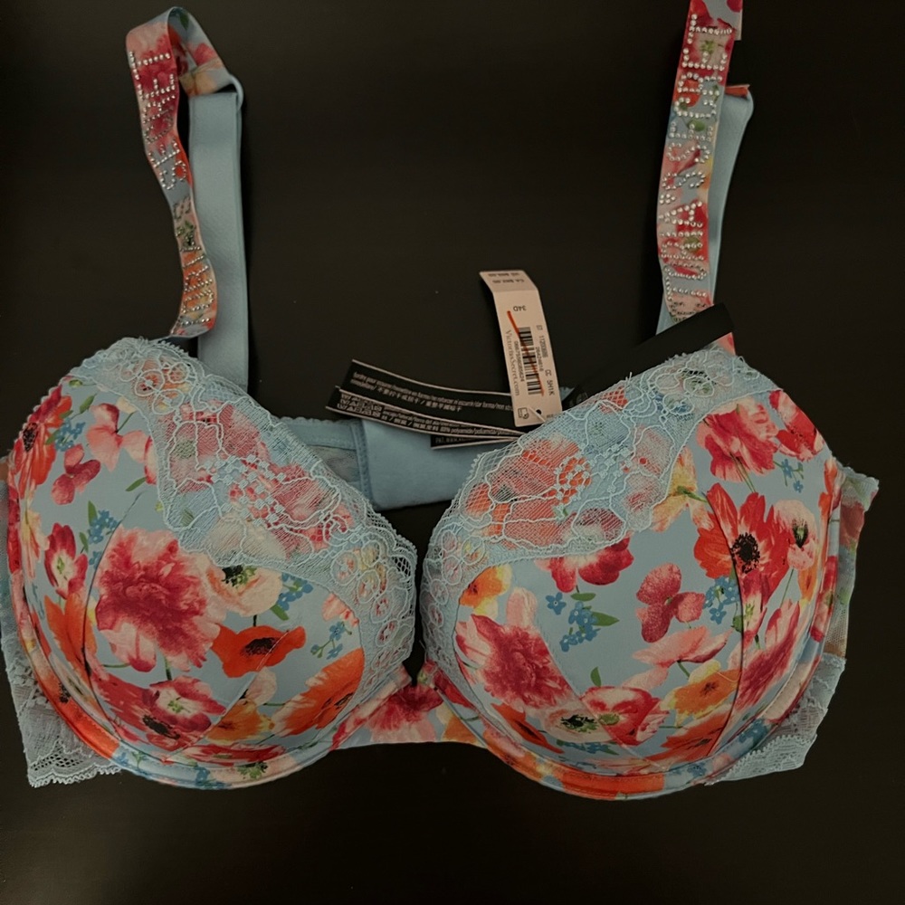 NWT- Floral Victorias Secret with Rhinestone Strap Bra 34D